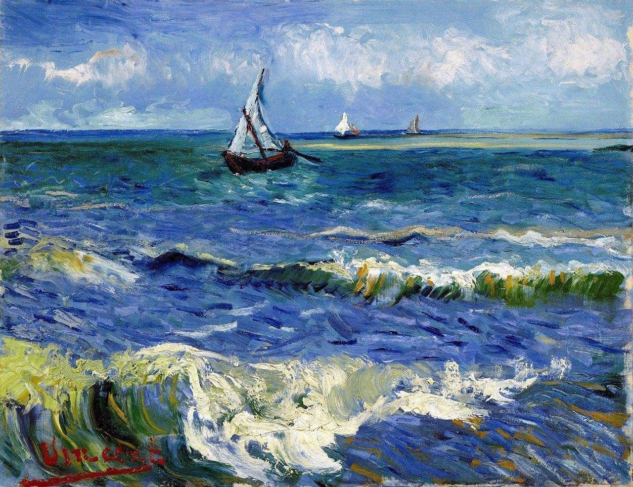 An iconic painting of Vincent Van Gogh with sea waves and a boat.