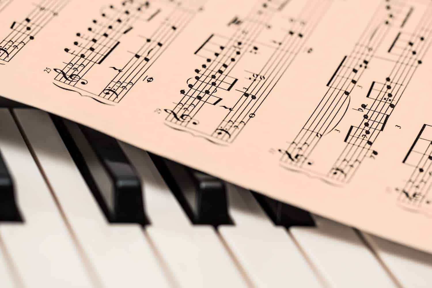 Piano keys with musical notes on them.